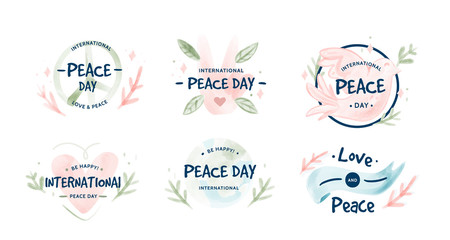 Peace day label symbols with thumbs up. Dove carries an olive branch. And a warm Heart.Digital watercolor Vector illustration