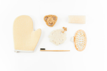 Set of sustainable toiletries and bathroom products on white background. Eco friendly concept