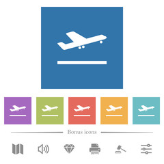 Airplane take off flat white icons in square backgrounds