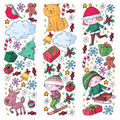 Fototapeta premium Christmas winter vector background with children. Kids vacation and sport.