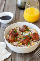 Meatballs with rice, chickpea and sesame seeds. Healthy eating. Diet. Oriental cuisine.