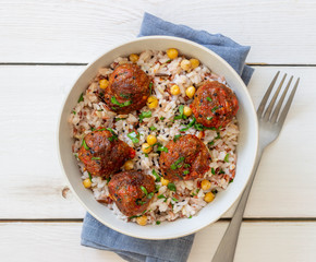 Meatballs with rice, chickpea and sesame seeds. Healthy eating. Diet. Oriental cuisine.