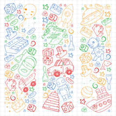 Fototapeta na wymiar Set of vector toys for little children. Ufo, submarine. Cartoon dinosaur. Kindergarten kids.