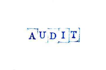 Blue color ink of rubber stamp in word audit on white paper background