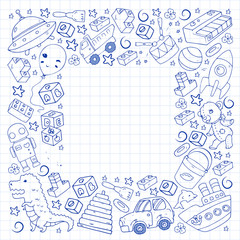 Set of vector toys for little children. Ufo, submarine. Cartoon dinosaur. Kindergarten kids.