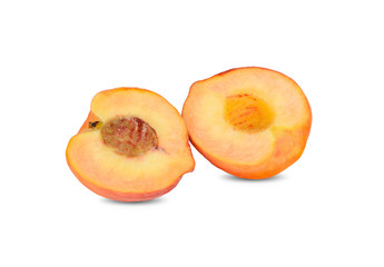 Naklejka na ściany i meble unpeeled half cut fresh peach with seed on white background