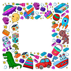 Set of vector toys for little children. Ufo, submarine. Cartoon dinosaur. Kindergarten kids.