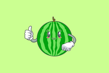 SMILING, HAPPY, UWU Face Emotion. Thumb Up Hand Hand Gesture. Watermelon Fruit Cartoon Drawing Mascot Illustration.