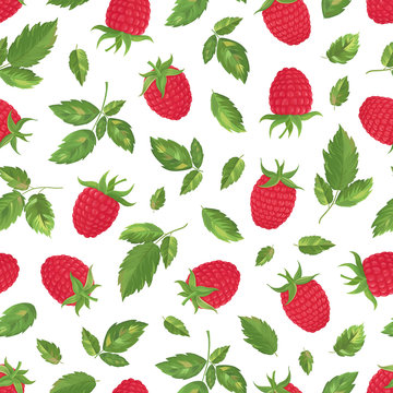 Organic collection. Vector raspberry seamless pattern with berries, leaves and flowers on a light background