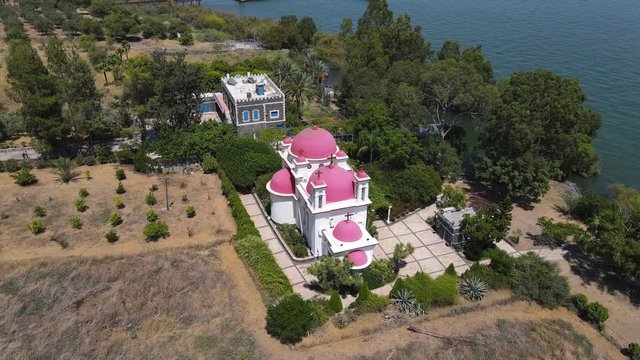 Aerial view of the Church of the Apostles and Greek Orthodox Monastery are located on the shores of the Sea of Galilee, not far from Tiberias city in northern Israel