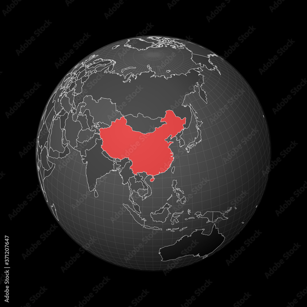 Poster dark globe centered on china. country highlighted with red color on world map. satellite world proje
