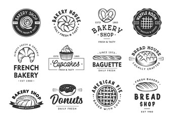 Obraz premium Set of vintage style bakery shop labels, badges, emblems and logo. Vector illustration. Monochrome graphic art with engraved design elements. Collection of linear graphic on white background.