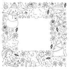 Christmas winter vector background with children. Kids vacation and sport.