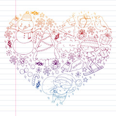 Christmas winter vector background with children. Kids vacation and sport.