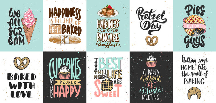 Set of bakery and sweet food, desserts lettering posters, greeting cards, decoration, prints. Hand drawn typography design elements. Handwritten lettering. Modern ink brush calligraphy. - Powered by Adobe