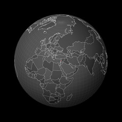 Dark globe centered to Lebanon. Country highlighted with red color on world map. Satellite world projection. Appealing vector illustration.