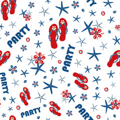 Party flip flop shoe seamless vector pattern background. Red, blue, white backdrop with text, sandals, starfish, cowrie shells. Americana color repeat design for beach and celebration concept