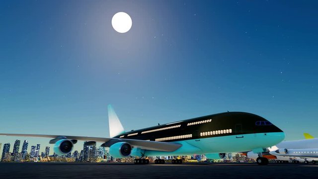 Numerous aircraft parked on a airport apron at night with their internal and external lights on.