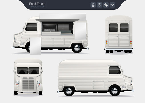 Isolated Realistic Food Truck. Fast-Food Truck Vector Template for Brand Identity. 