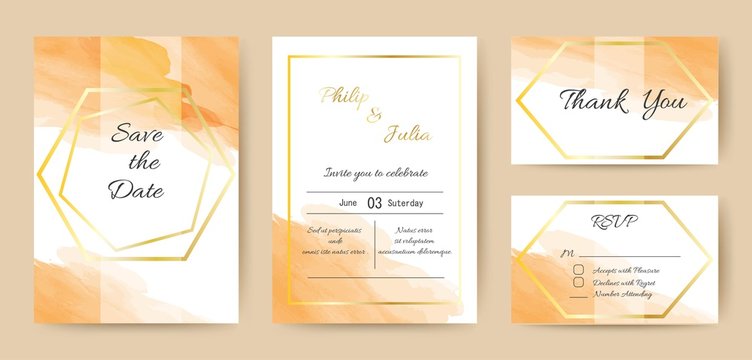 Wedding invitation set with watercolor orange background. Includes save the date, rsvp and thank you cards templates. Gold frame decoration luxury design.