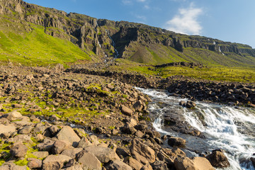 Mountain river on the Oxi Road in Iceland.