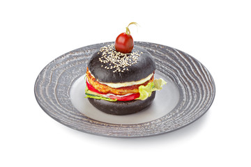 Burger with black bread isolated on white
