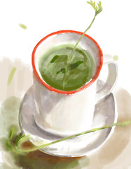 cup of green tea with mint, bright digital illustration imitating watercolour 