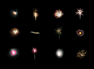 Beautiful light for celebration of Festive colorful fireworks display on night sky, isolated on black background