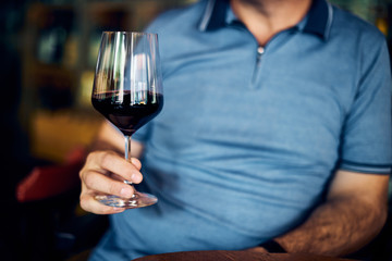 Mature adult man sitting in winery and holding glass of red wine.