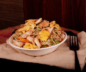 Chicken chowmein Indian restaurant food.