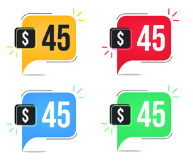 $45 dollar price. Yellow, red, blue and green currency tags. Balloon concept with forty-five dollars for sales.