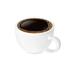 Black coffee with foam, in white cup and saucer, top view, vector drink.