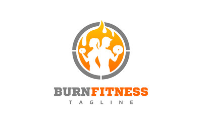 Burn Fitness Team Logo - Fire Couple Workout Club Icon - Flame Gym Group Vector Illustration