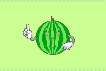 SMILING, HAPPY, RELIEVED Face Emotion. Forefinger Hand Gesture. Watermelon Fruit Cartoon Drawing Mascot Illustration.