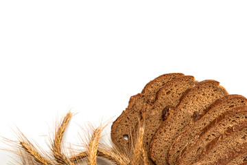 Sliced Multigrain. Rye bakery with crusty loaves and crumbs. Fresh loaf of rustic traditional bread...