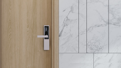 Digital door lock security systems for good safety of apartment door. Electronic door handle with key pads numbers. Selective focus