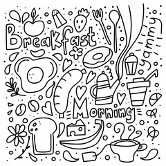 Breakfast doodle. Morning food with lettering, coffee and eggs, tea and sausage, hand drawn vector snack for cafe restaurant menu