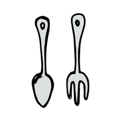Spoon and fork hand drawn icon vector