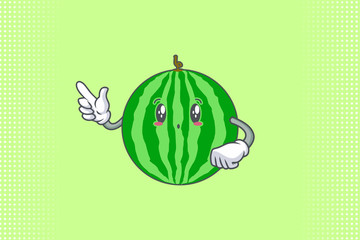 UH , OH, GASP Face Emotion. Forefinger Hand Gesture. Watermelon Fruit Cartoon Drawing Mascot Illustration.