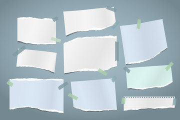Torn of white and blue note, notebook paper strips and pieces stuck with sticky tape on dark blue background. Vector illustration