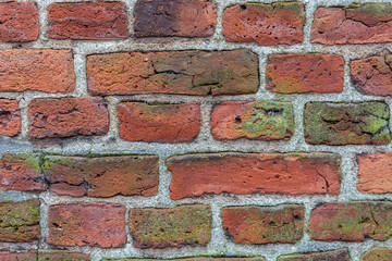 Background old masonry of red brick. Plaster, concrete, cement. Cracks, peeling, voids. Close-up