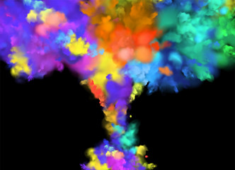 Colorful rainbow paint drops from above mixing in water. Ink swirling underwater