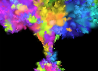 Colorful rainbow paint drops from above mixing in water. Ink swirling underwater