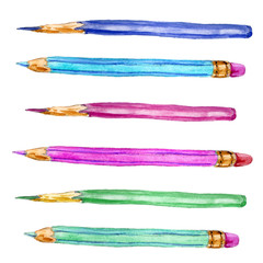 Set of pencils watercolor illustration, blue, pink and green pencils. artist's pencils