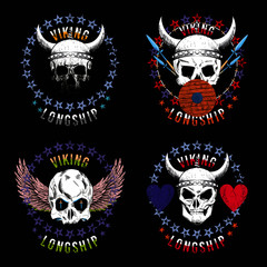 Set of four illustrated skulls. Vector drawings of heads for t-shirts or posters.