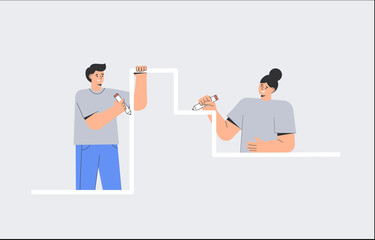 The concept of team work, business, partnership, cooperation. Team work in project, group of people, man and woman draw a common line. Flat design vector.