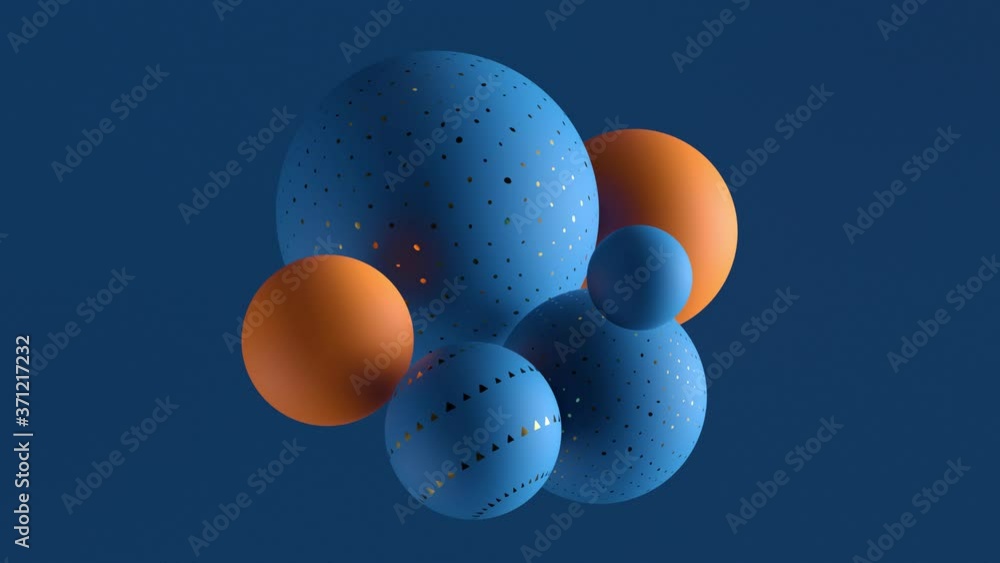 Poster 3d render background with blue and orange spheres in front of blue wall with bump noise texture. min