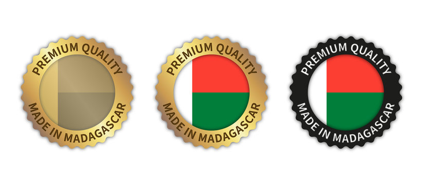 Set of 3 "Made in Madagascar" vector icons. Illustration with transparent background. Country flag encircled with gold/black stamp. Sticker/logo for product/website.	
