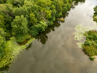 Aerial view. Green bank of the Dnieper river on a summer day.