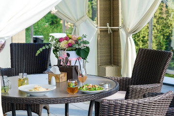 tasty Breakfast on terrace, close up